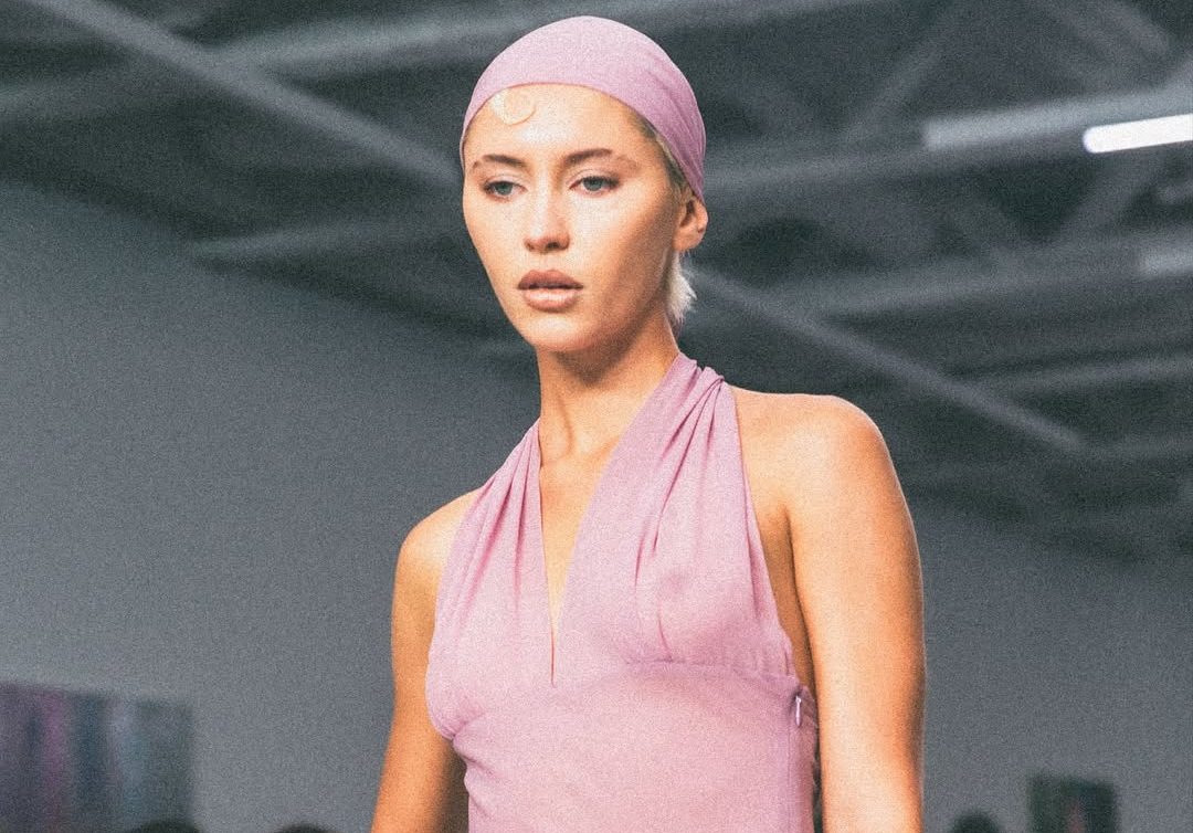 On Pop Spring Summer 2026Look 2Iris Law wears the dead stock silk georgette Kiera dress and head (1)